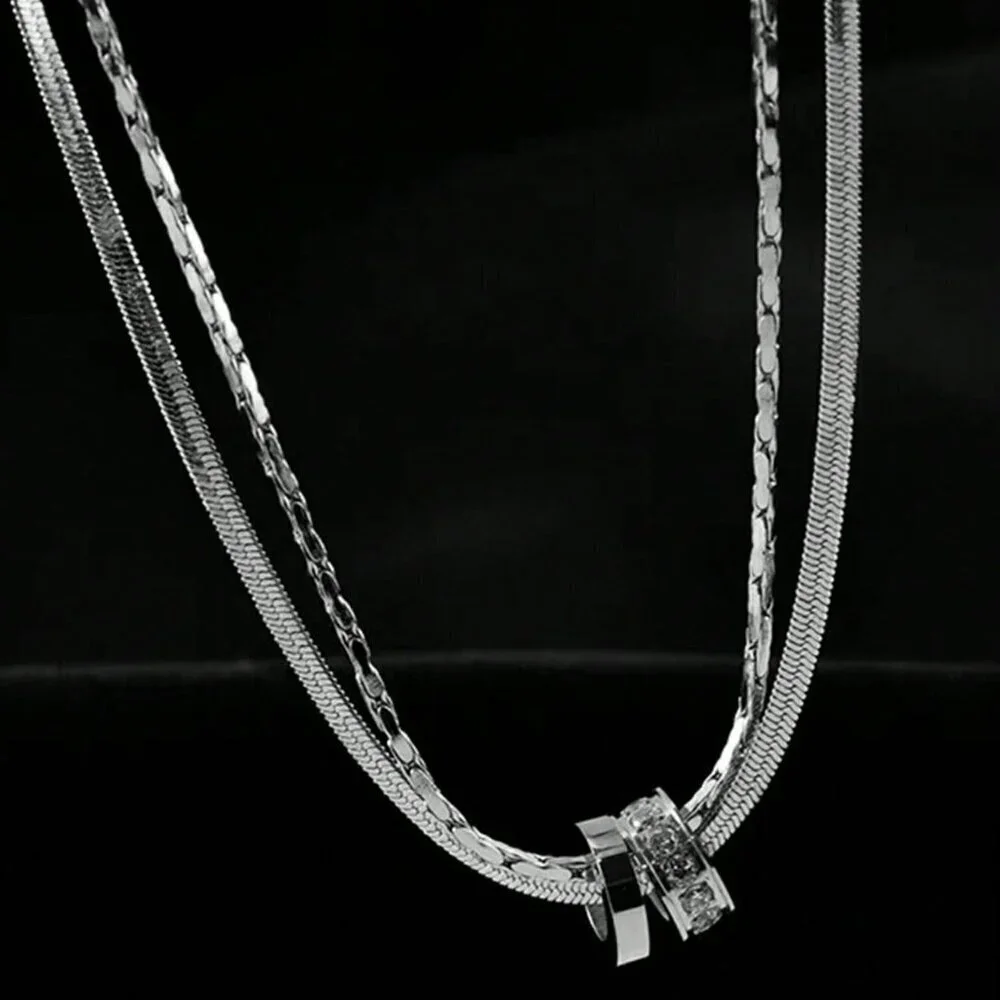 Silver Casual Women's Stainless Steel Round Cz Inlaid Double Layer Necklace